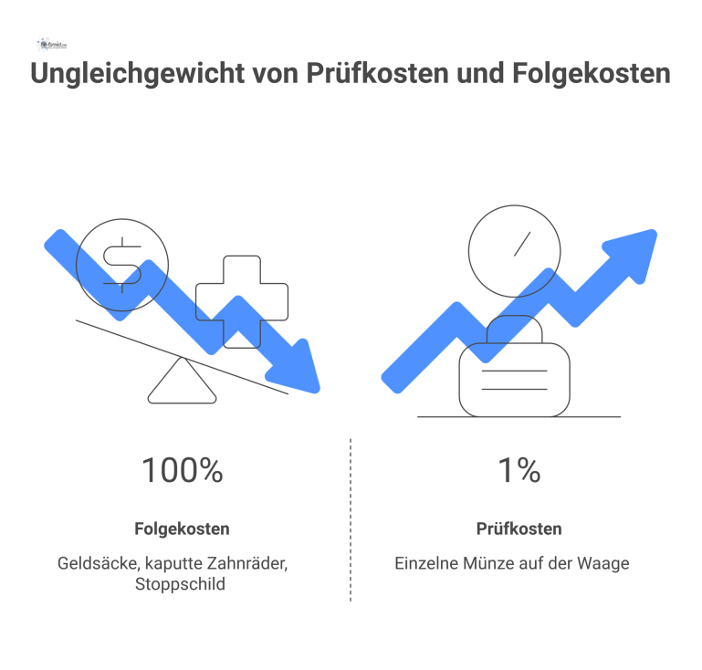 Ungleichgewicht von Prüfkosten und Folgekosten Eine Waage im Ungleichgewicht: Eine leichte Münze für Prüfkosten steht einem schweren Haufen aus Bußgeldern, Reparaturen und Produktionsausfällen gegenüber.