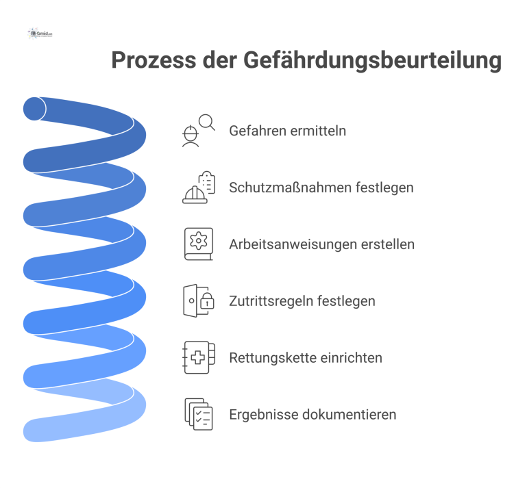 Flussdiagramm: Prozess der Gefährdungsbeurteilung Flussdiagramm zum Prozess der Gefährdungsbeurteilung, von der Ermittlung der Gefahren über die Festlegung von Schutzmaßnahmen bis zur finalen Dokumentation.