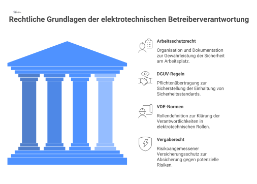 Rechtliche Grundlagen der elektrotechnischen Strukturdiagramm zur elektrotechnischen Betreiberverantwortung im Klinikum, basierend auf Arbeitgeberverantwortung mit den vier Säulen Arbeitsschutzrecht, DGUV, VDE und Vergaberecht.
