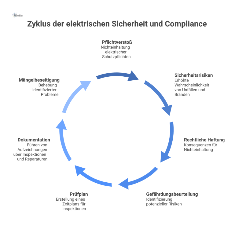 Flussdiagramm, das die Folgen von Pflichtverstößen bei elektrischen Schutzpflichten und den Prozess der auditfesten Compliance zur Haftungsvermeidung darstellt.