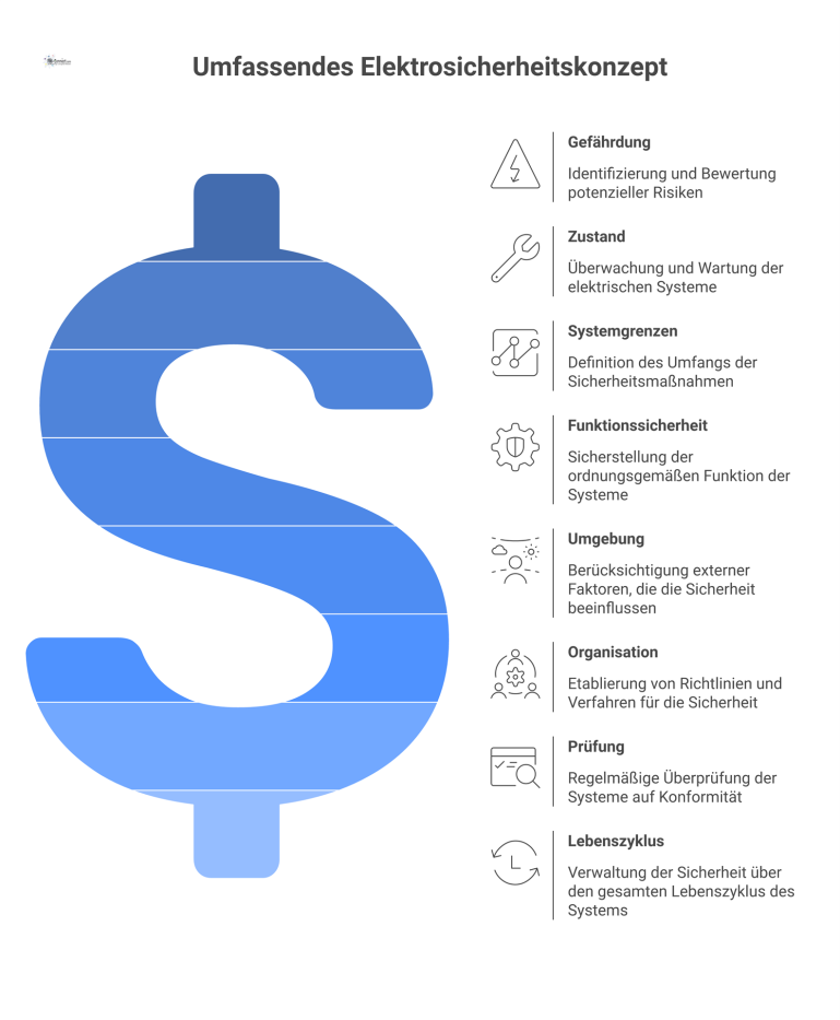 8 Arten von Elektrosicherheitskonzepten Infografik zu 8 Elektrosicherheitskonzepten mit Icons für Gefährdung, Zustand, Systemgrenzen, Funktionssicherheit, Umgebung, Organisation, Prüfung und Lebenszyklus.