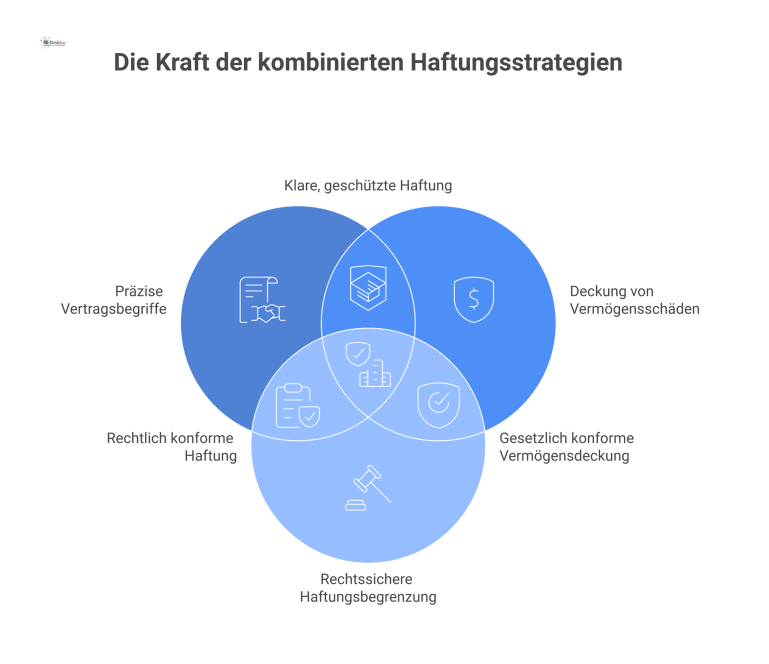 Infografik: Vermeidung von Haftungslücken Infografik zur Vermeidung von Haftungslücken mit drei Säulen: präzise Vertragsbegriffe, Deckung von Vermögensschäden und rechtssichere Haftungsbegrenzung