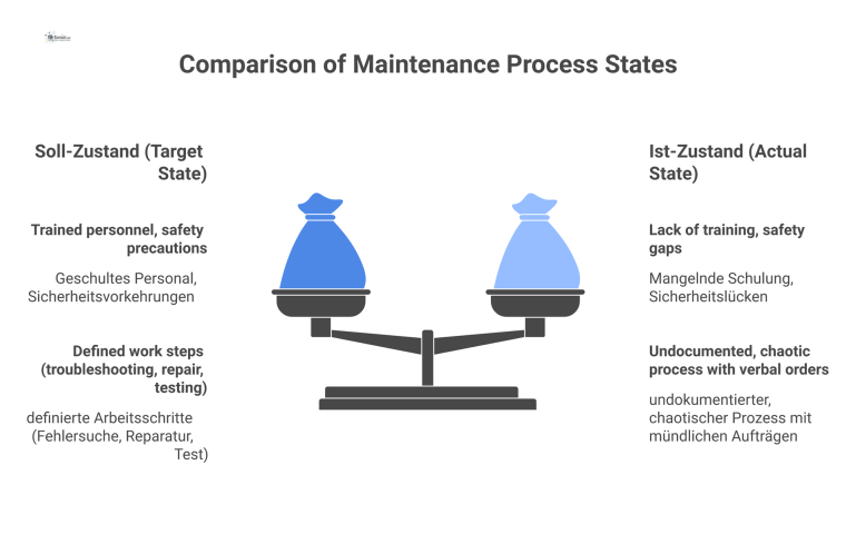 Prozessflussdiagramm, das den Soll- und Ist-Zustand eines Instandhaltungsprozesses vergleicht und die Lücken mit Warnsymbolen visualisiert.