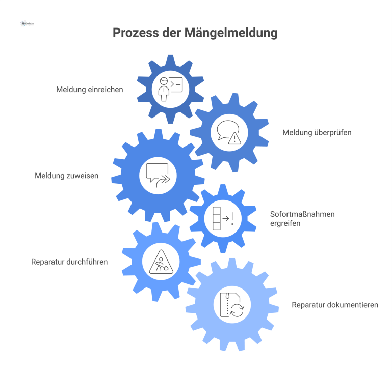 Infografik: Prozess der Mängelmeldung Infografik, die den Prozess der Mängelmeldung für elektrische Defekte von der Erstmeldung bis zur dokumentierten Maßnahme mit Piktogrammen darstellt.