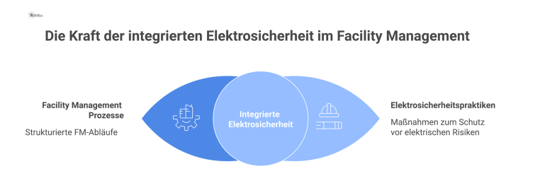 Integration von Elektrosicherheit in FM-Prozesse Hub-and-Spoke-Diagramm mit dem zentralen Element 'Elektrosicherheit im FM', das mit acht Kernbereichen wie Risikomanagement und Instandhaltung verbunden ist.