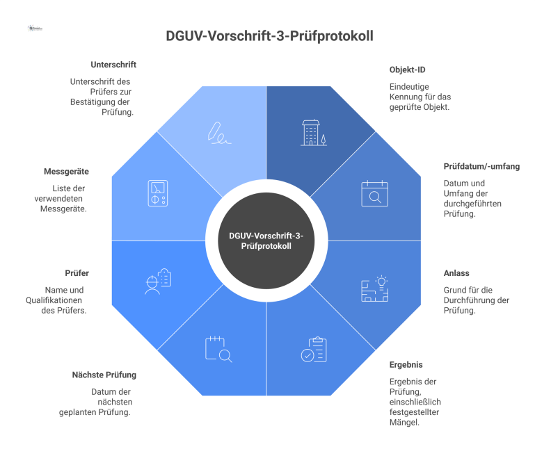 Mindestanforderungen DGUV-Vorschrift-3-Prüfprotokoll Infografik, die die acht Pflichtangaben für ein DGUV-V3-Prüfprotokoll als Icons um ein zentrales Dokument herum visualisiert