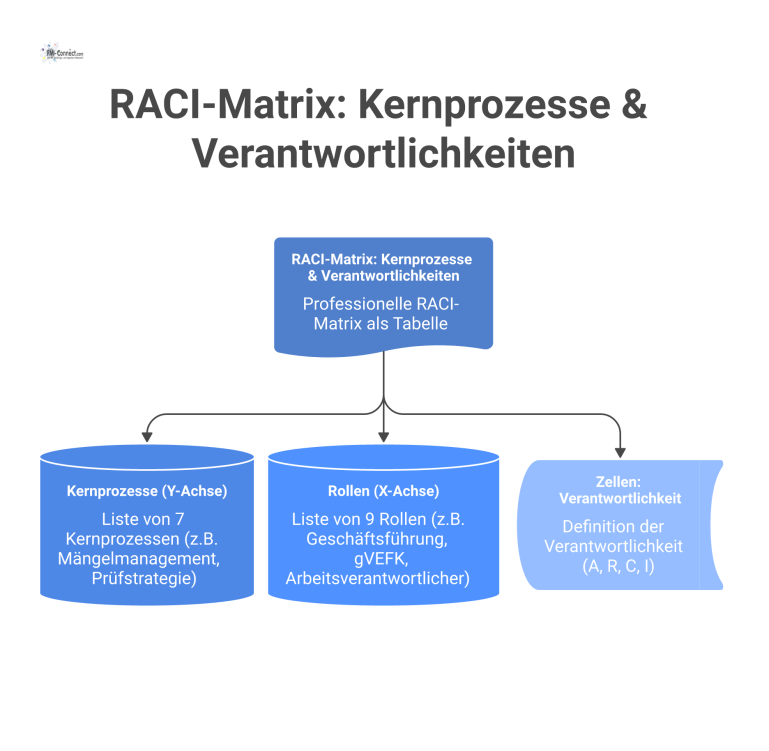 RACI-Matrix: Kernprozesse & Verantwortlichkeiten Eine RACI-Matrix als Tabelle, die Verantwortlichkeiten für sieben Kernprozesse neun verschiedenen Rollen mittels der Kürzel A, R, C und I zuweist.
