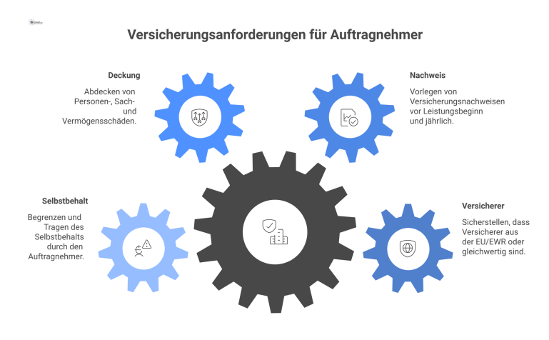 Versicherungsanforderungen für Auftragnehmer Infografik zu den vier Hauptanforderungen für Auftragnehmer-Versicherungen: Herkunft des Versicherers, Nachweispflichten, Deckungsumfang und Selbstbehalt-Regelungen.