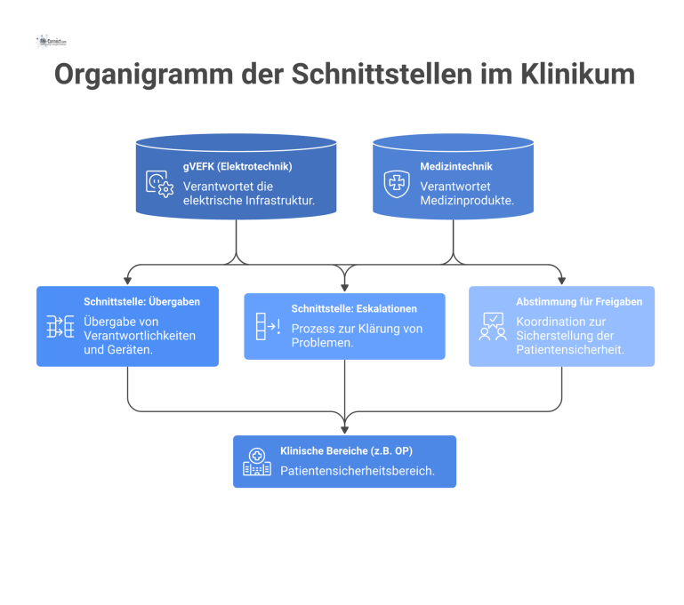 Organigramm der Schnittstellen zwischen Elektrotechnik, Medizintechnik und klinischen Bereichen mit ihren jeweiligen Verantwortlichkeiten, Übergaben und Eskalationen.