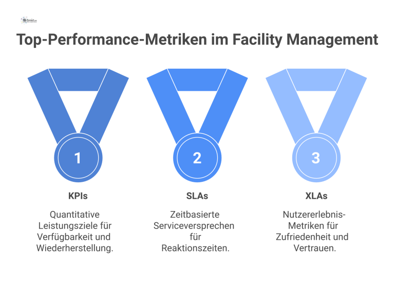 Eine Dashboard-Infografik mit drei getrennten Bereichen für die Metriken KPIs, SLAs und XLAs mit passenden Icons.