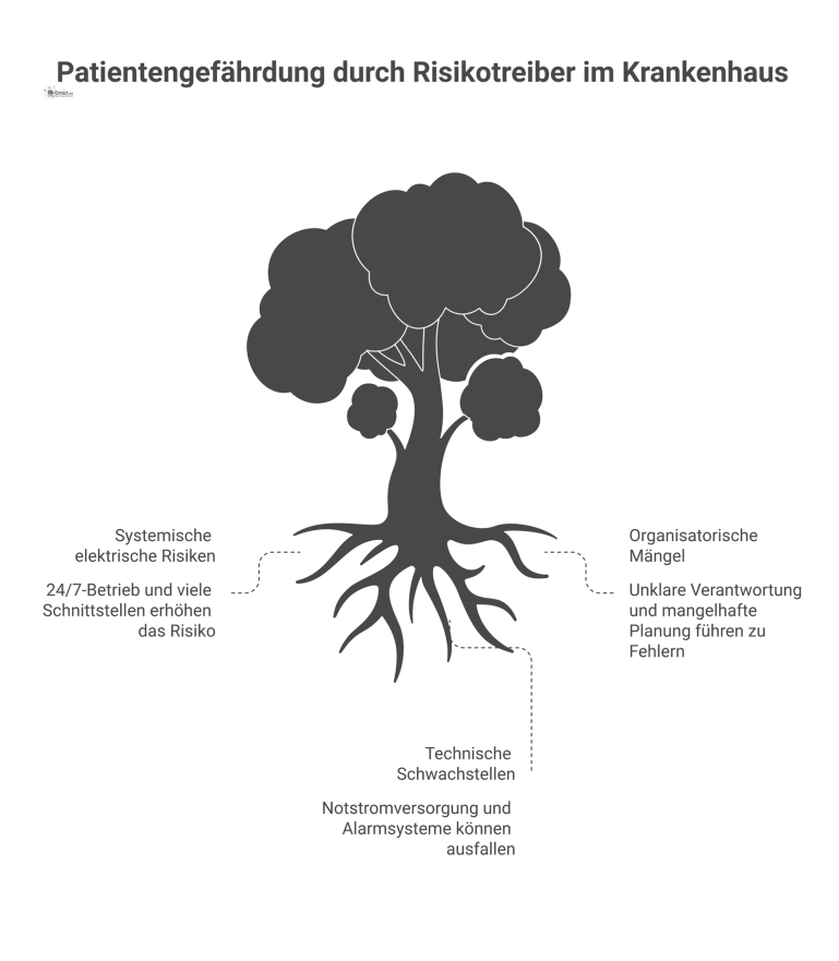 Risikotreiber im Krankenhaus zur Patientengefährdung Diagramm zu Risikotreibern, die zur Patientengefährdung im Krankenhaus führen, aufgeteilt in systemische, organisatorische und technische Schwachstellen.