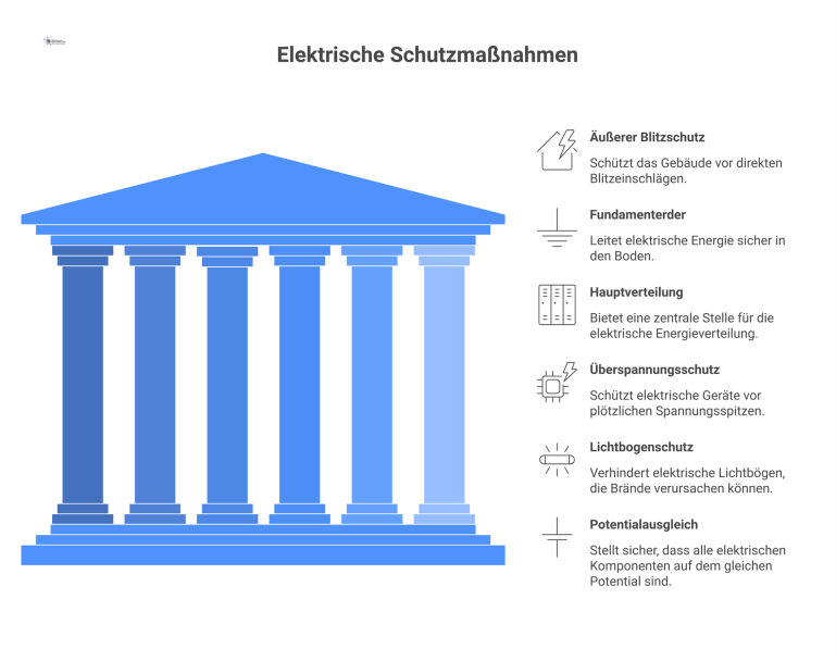 Querschnitt eines Industriegebäudes, der Blitzschutz, Fundamenterder, Überspannungsschutz, Lichtbogenschutz und Potentialausgleich für Labore und Maschinen zeigt.