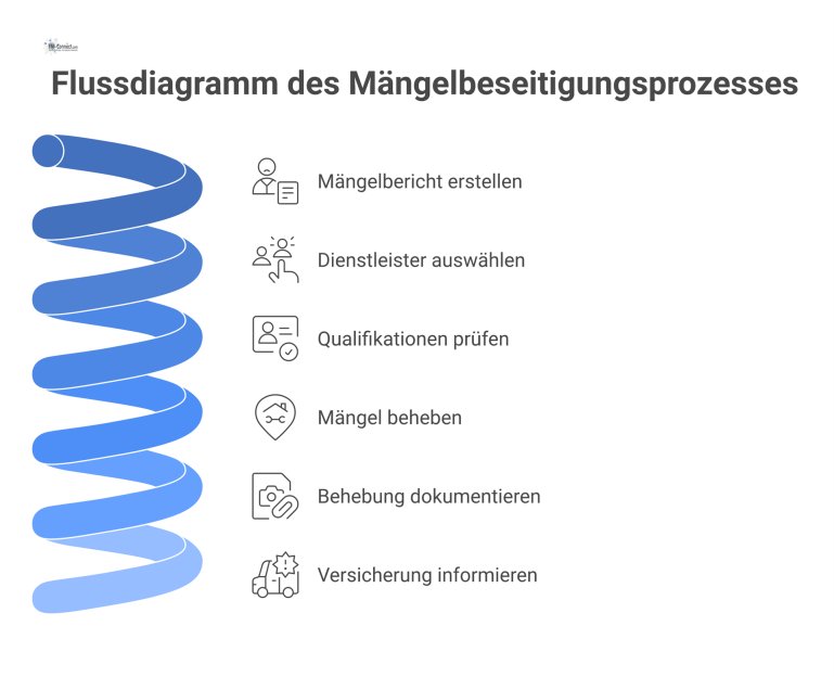 Flussdiagramm des Mängelbeseitigungsprozesses Flussdiagramm zum Prozess der Mängelbeseitigung, das den Problemfall einer fehlenden Qualifikationsprüfung des Dienstleisters und die passende Lösung aufzeigt.