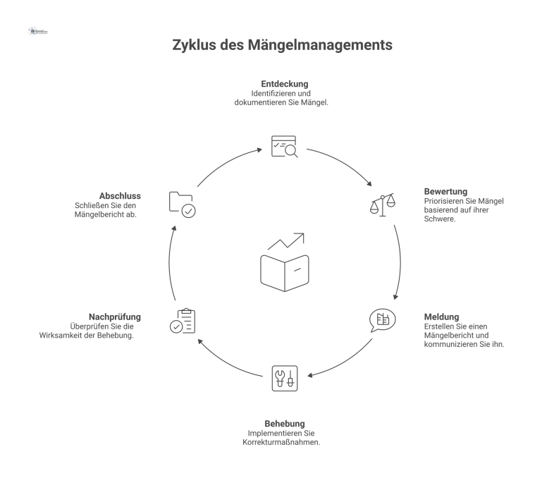 Flussdiagramm des Mängelmanagement-Prozesses, das den Lebenszyklus eines Mangels von der Entdeckung über die Behebung bis zum Abschluss darstellt.