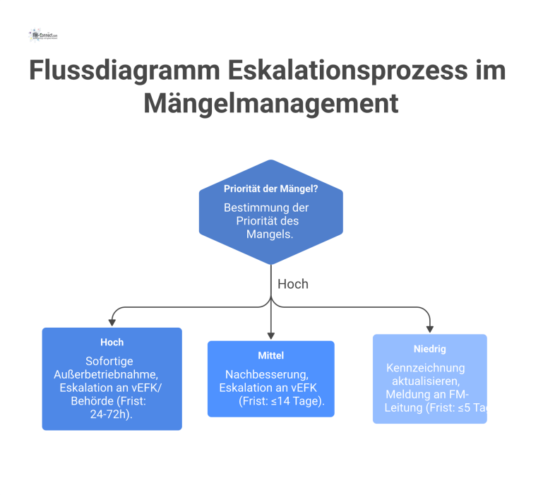 Flussdiagramm des Eskalationsprozesses im Mängelmanagement, unterteilt in Pfade für hohe, mittlere und niedrige Priorität mit zugehörigen Maßnahmen.