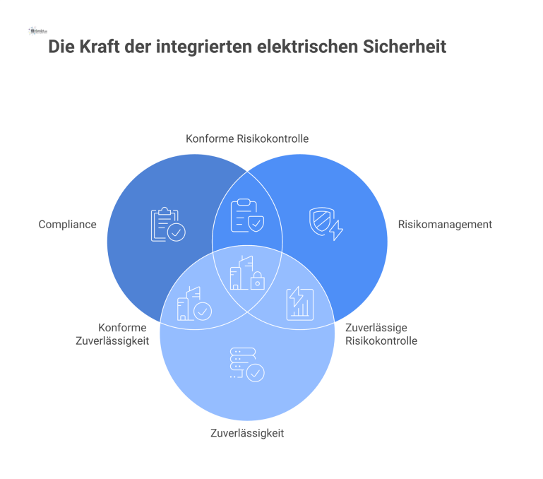 Elektrische Sicherheit im Facility Management Infografik zeigt die drei Säulen Compliance, Risikomanagement und Zuverlässigkeit, die auf dem Fundament 'Elektrische Sicherheit' einen sicheren Gebäudebetrieb gewährleisten.