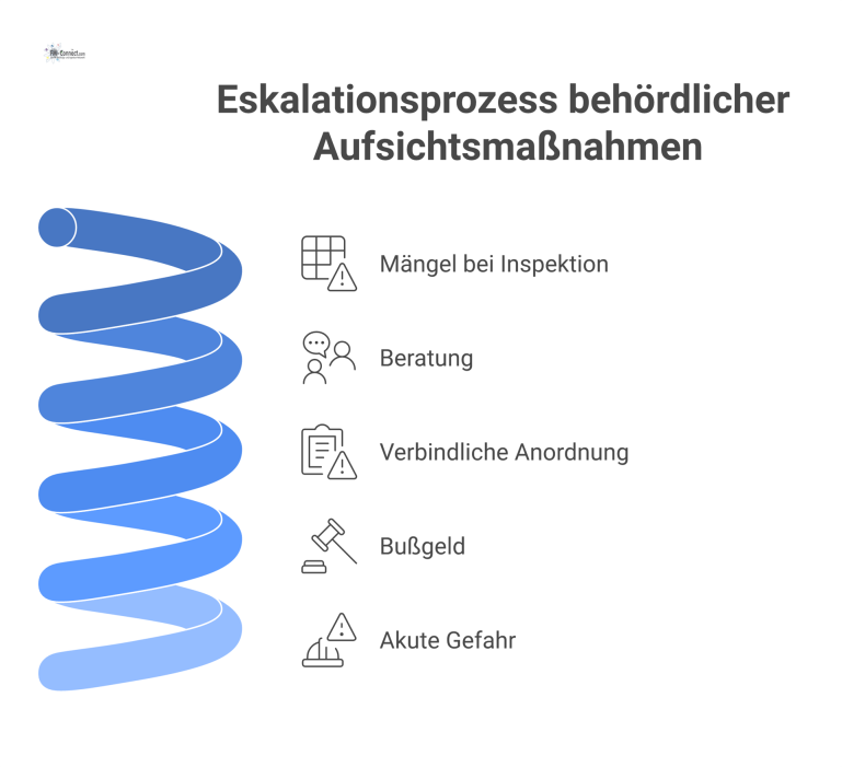 Flussdiagramm Eskalationsprozess behördlicher Aufsichtsmaßnahmen Flussdiagramm zum Eskalationsprozess bei Mängeln, von Beratung über Anordnung mit Frist und Bußgeld bis zur sofortigen Stilllegung bei akuter Gefahr.