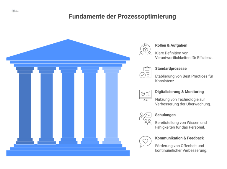 Infografik mit fünf verbundenen Säulen zur Prozessoptimierung in der Elektrotechnik: Rollen, SOPs, Digitalisierung, Schulungen und Kommunikation.