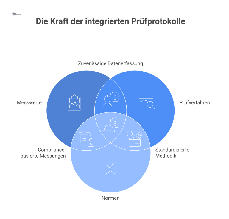 Die drei Säulen eines Prüfprotokolls Infografik, die die drei Säulen eines Prüfprotokolls zeigt: Messwerte, Prüfverfahren und Normen, und deren Kombination für die Langzeitanalyse.