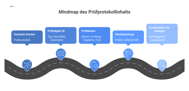 Mindmap: Mindestinhalt eines Prüfprotokolls Mindmap zum Mindestinhalt eines Prüfprotokolls mit den vier Hauptästen Prüfobjekt-ID, Prüfdetails, Verantwortung und Sonderfelder für Anlagen.