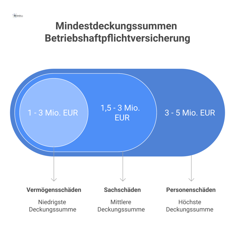 Balkendiagramm zu den Mindestdeckungssummen einer Betriebshaftpflicht, das die Bereiche für Personen-, Sach- und Vermögensschäden in Euro zeigt.