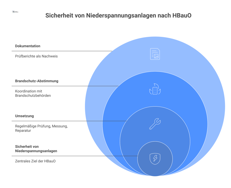 Sicherheit von Niederspannungsanlagen nach HBauO Diagramm zur Gefahrvermeidung bei Niederspannungsanlagen mit den drei Säulen Umsetzung, Brandschutz-Abstimmung und Dokumentation, die durch Icons visualisiert werden.