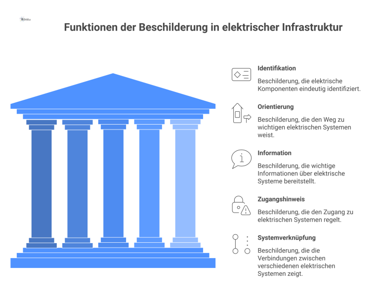 Funktionen der Beschilderung in elektrischer Infrastruktur Infografik zeigt fünf Funktionen der Beschilderung in der Elektroinfrastruktur: Identifikation, Orientierung, Information, Zugangshinweis und Systemverknüpfung.