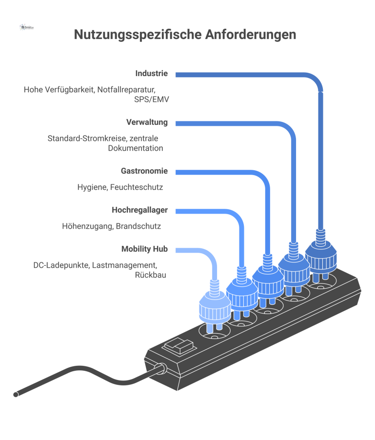 Diagramm, das nutzungsspezifische Anforderungen für fünf Kategorien darstellt: Industrie, Verwaltung, Gastronomie, Hochregallager und Mobility Hub mit ihren Merkmalen.