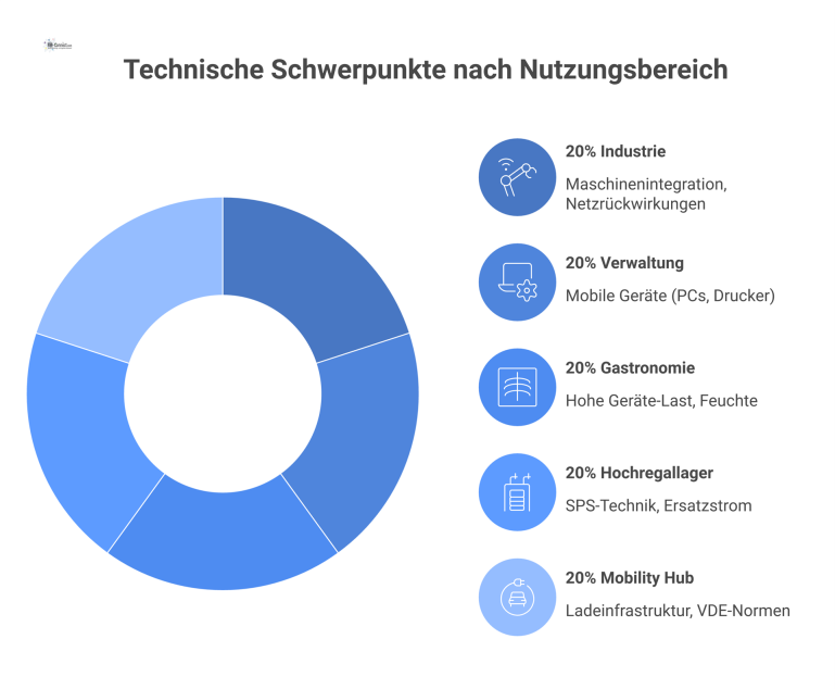 Ein Diagramm, das technische Schwerpunkte für die fünf Nutzungsbereiche Industrie, Verwaltung, Gastronomie, Hochregallager und Mobility Hub mit Icons darstellt.