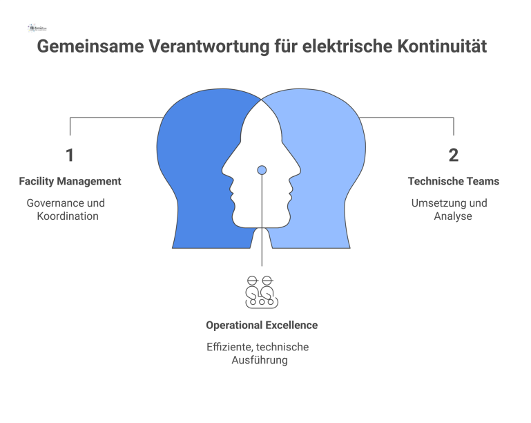 Rollenverteilung für elektrische Kontinuität Zentriertes Diagramm mit dem Facility Management im Mittelpunkt, umgeben von Stakeholdern, das den Informationsfluss zur Sicherstellung der Betriebskontinuität aufzeigt.