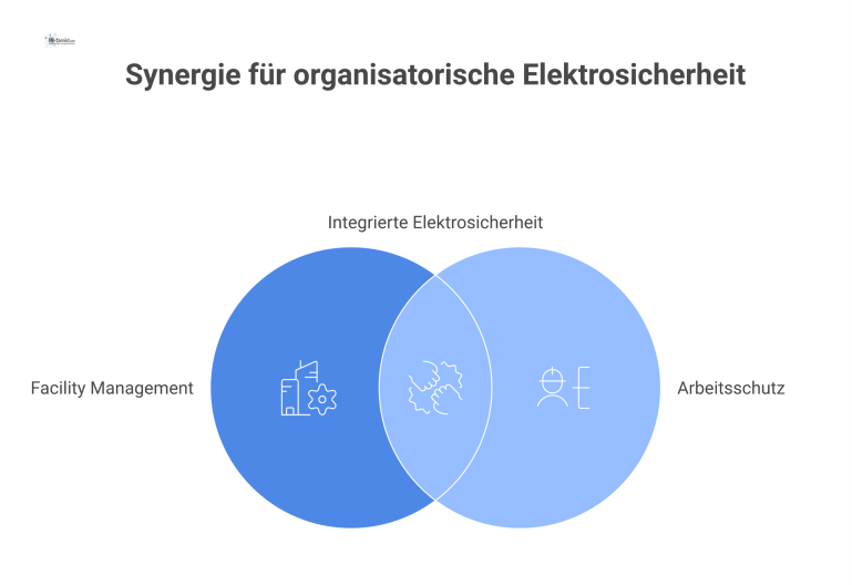 Integration der Elektrosicherheit in Organisationen Diagramm zur organisatorischen Integration der Elektrosicherheit, das Verantwortungsmanagement mit Facility Management, Arbeitsschutz, Instandhaltung, Beschaffung und Risikomanagement verbindet.