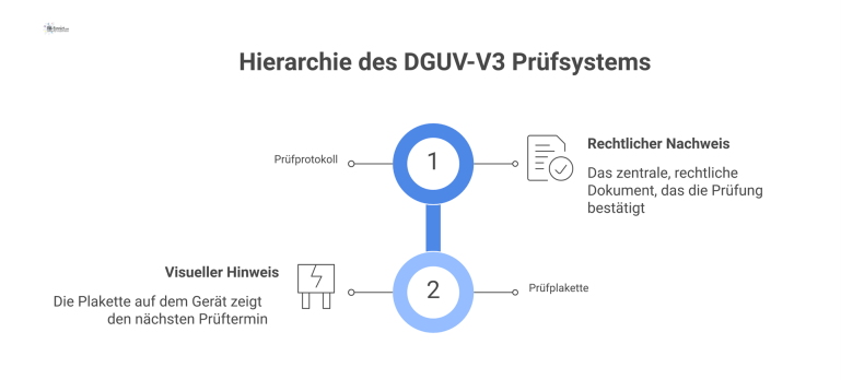 Hierarchie des DGUV-V3 Prüfsystems Infografik der DGUV-V3 Hierarchie, in der das Prüfprotokoll der zentrale Nachweis ist und die Prüfplakette ein ergänzender visueller Hinweis.