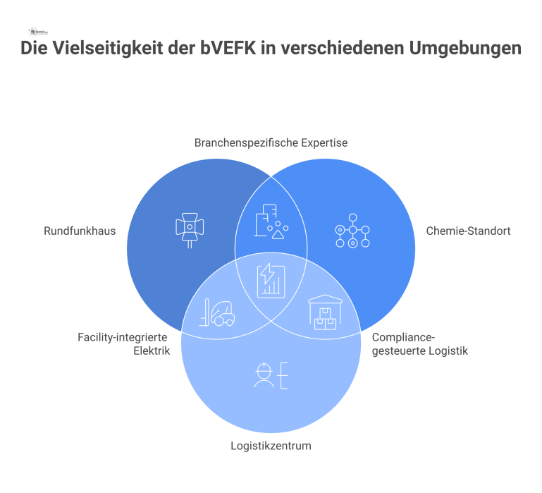 Drei Praxisbeispiele für die bVEFK Infografik mit drei Praxisbeispielen für die Rolle der bVEFK in einem Rundfunkhaus, einem Chemie-Standort und einem Logistikzentrum.