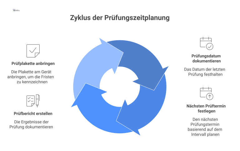 Zeitstrahl des Prüfzyklus Zeitstrahl, der einen Prüfzyklus darstellt, vom Ist-Prüfdatum über das Prüfintervall zum nächsten Soll-Prüftermin inklusive Prüfbericht und Prüfplakette.