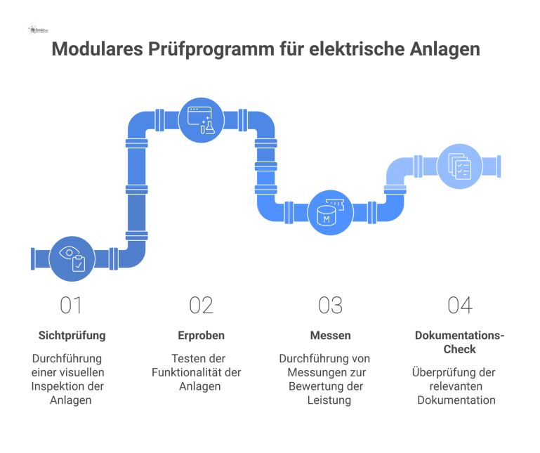 Flussdiagramm: Modulares Prüfprogramm für elektrische Anlagen Flussdiagramm des modularen Prüfprogramms für elektrische Anlagen, das die vier Schritte Sichtprüfung, Erproben, Messen und Dokumentations-Check visualisiert.