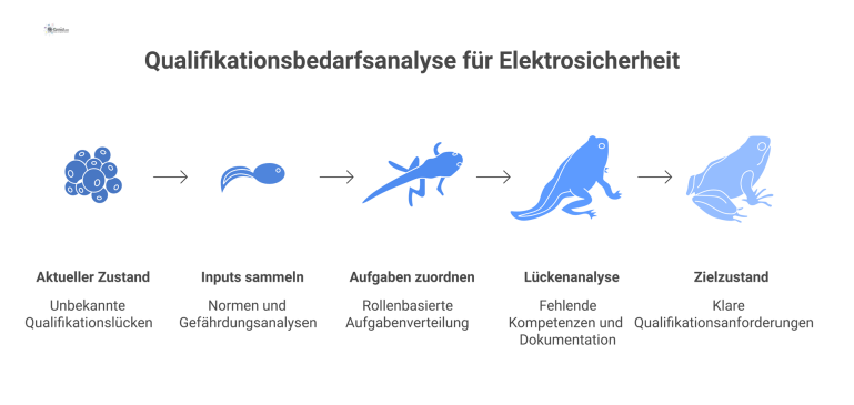 Infografik zum Prozess der Qualifikationsbedarfsanalyse für Elektrosicherheit, von Inputs wie Normen bis zur Zuordnung von Rollen und der Lückenanalyse.