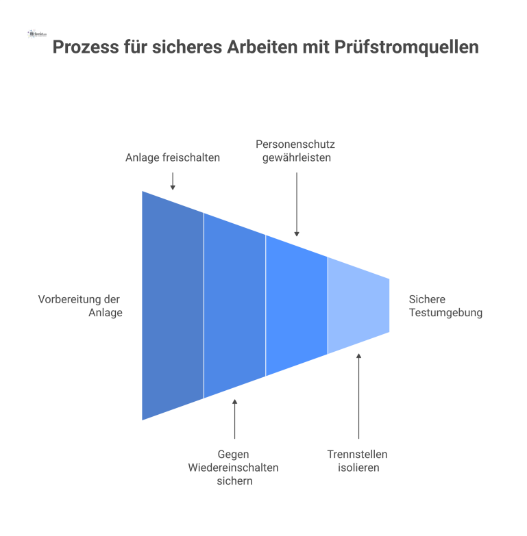 Prozessdiagramm als Checkliste mit den vier Schritten zum sicheren Arbeiten mit Prüfstromquellen: Freischalten, Sichern, Personenschutz und Isolieren.