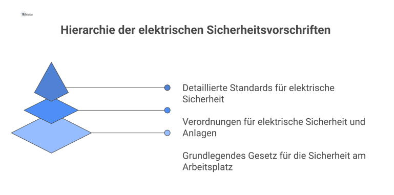 Hierarchie der elektrischen Sicherheitsvorschriften Pyramide der rechtlichen Rahmenbedingungen für elektrische Sicherheit, mit dem ArbSchG als Fundament, DGUV V3 und BetrSichV darüber und DIN VDE Normen an der Spitze.