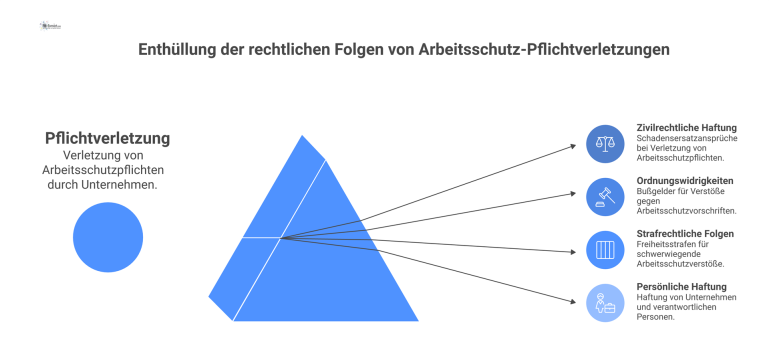 Infografik zeigt die vier rechtlichen Folgen einer Pflichtverletzung im Arbeitsschutz: zivilrechtliche Haftung, Ordnungswidrigkeiten, strafrechtliche Folgen und persönliche Haftung.