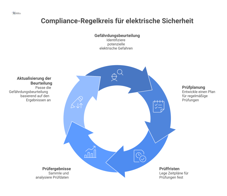 Compliance-Regelkreis für elektrische Sicherheit Ein Diagramm, das den geschlossenen Regelkreis für elektrische Sicherheit zeigt, von der Gefährdungsbeurteilung über Prüfplanung zur Aktualisierung.