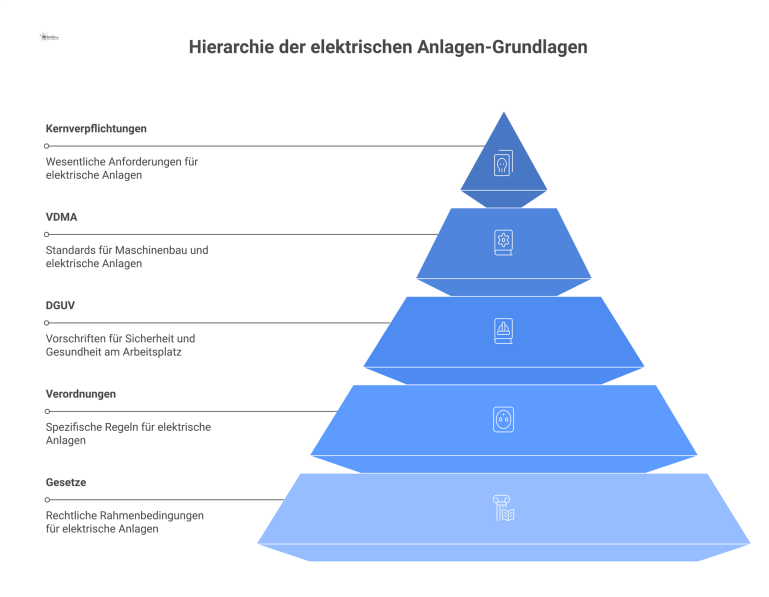 Hierarchisches Diagramm rechtlicher und technischer Grundlagen für elektrische Anlagen, das Gesetze, Verordnungen, DGUV und VDMA mit ihren Anforderungen zeigt.