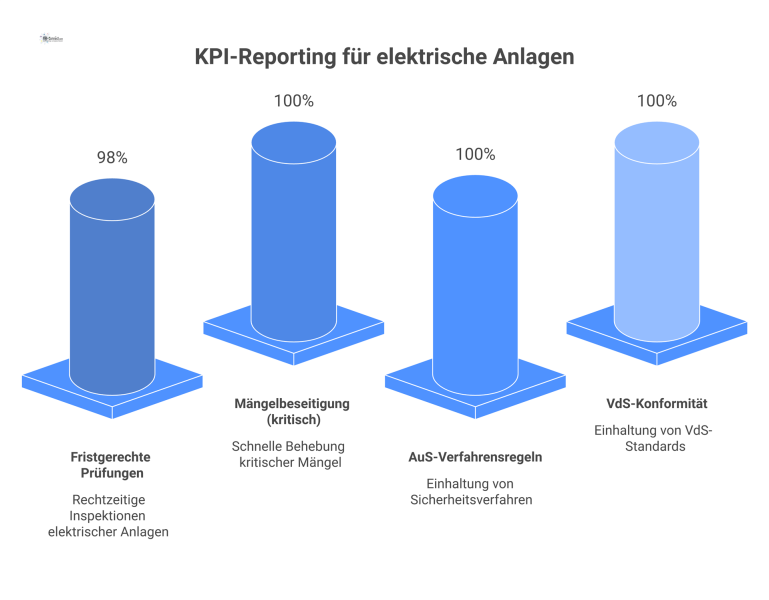 KPI-Reporting für elektrische Anlagen Infografik eines KPI-Dashboards für elektrische Anlagen mit vier Haupt-KPIs und deren Zielen sowie einem Prozess für Zielabweichungen.