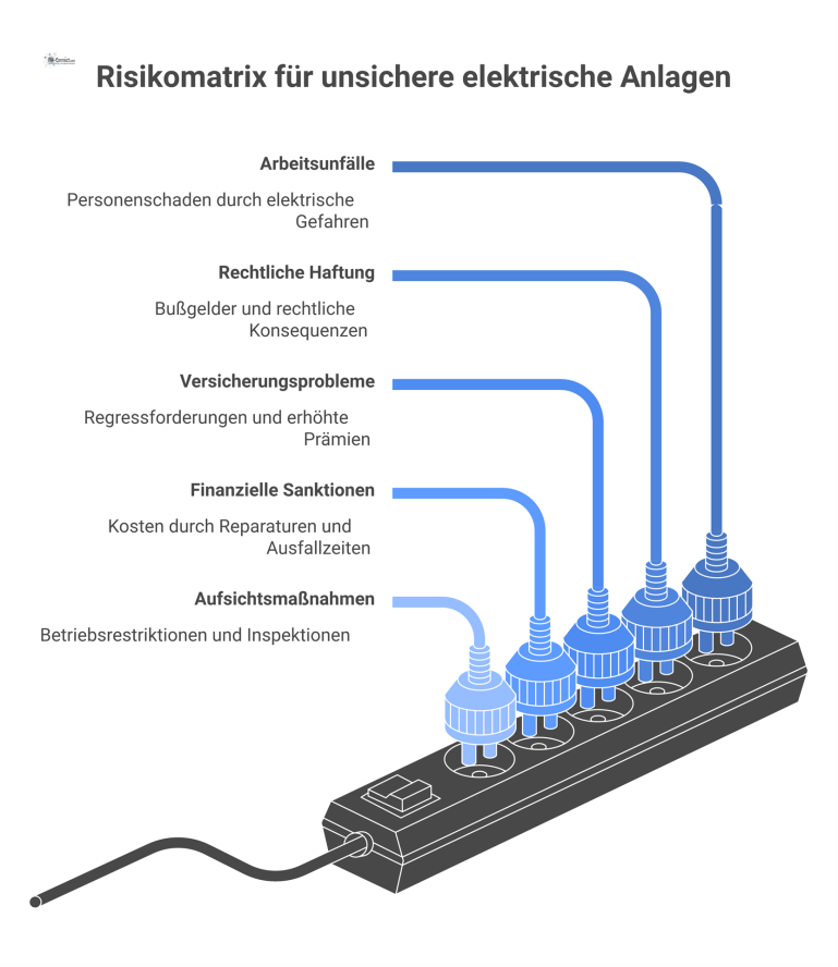 Risikomatrix für unsichere elektrische Anlagen Eine Risikomatrix-Infografik, die die Konsequenzen von unsicheren elektrischen Anlagen in fünf Bereichen wie Arbeitsunfälle und rechtliche Haftung visualisiert.