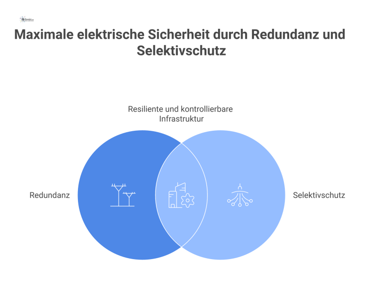 Elektrische Sicherheit: Redundanz und Selektivschutz Infografik, die Redundanz und Selektivschutz als Prinzipien der elektrischen Sicherheit zur Schaffung einer resilienten Infrastruktur in einem Gebäude darstellt.