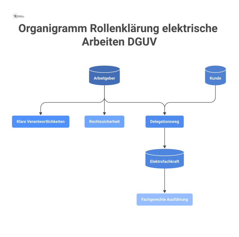 Organigramm Rollenklärung elektrische Arbeiten DGUV Organigramm zur Rollenklärung bei elektrischen Arbeiten, das die Delegationskette vom Arbeitgeber zur Elektrofachkraft und die Rolle des Kunden zeigt.