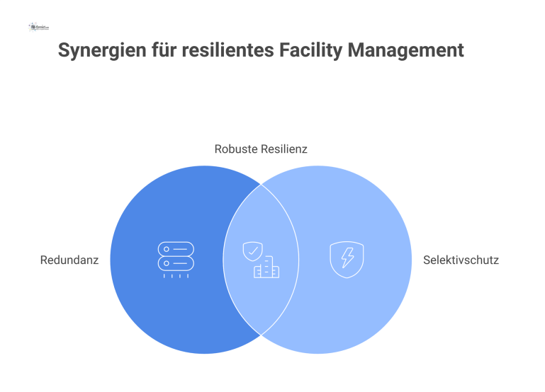 Redundanz & Selektivschutz im Facility Management Hub-and-Spoke-Diagramm, das den zentralen Hub 'Redundanz & Selektivschutz im Facility Management' mit vier Disziplinen wie Business Continuity und Betriebssicherheit verbindet.