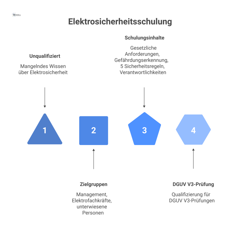 Infografik zur Elektrosicherheitsschulung Infografik einer Elektrosicherheitsschulung mit den Zielgruppen, Inhalten wie den 5 Sicherheitsregeln und dem Ziel der DGUV V3-Qualifizierung.
