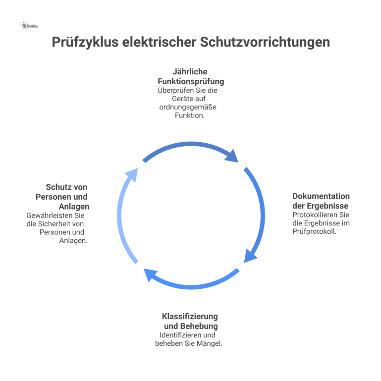 Prüfzyklus elektrischer Schutzvorrichtungen nach DGUV 3 Prozessdiagramm des Prüfzyklus für elektrische Schutzvorrichtungen nach DGUV 3, bestehend aus jährlicher Prüfung, Dokumentation und Mängelbehebung.