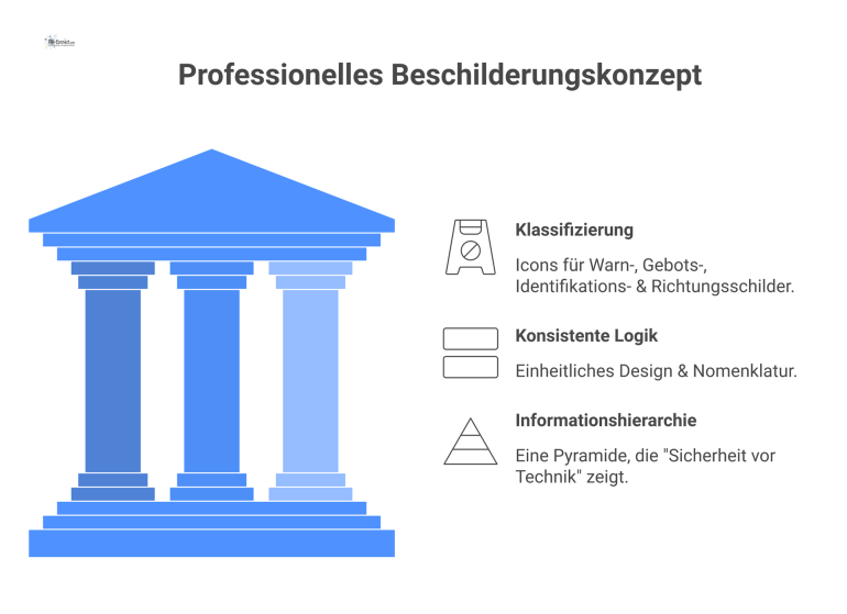 Infografik: Professionelles Beschilderungskonzept Infografik zum Beschilderungskonzept, basierend auf den drei Pfeilern Klassifizierung, konsistente Logik und Informationshierarchie für Sicherheitskennzeichnung.