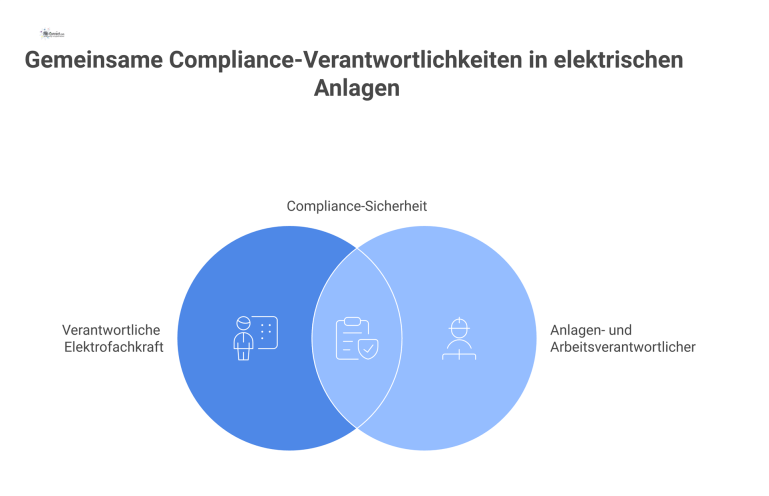 Compliance-Diagramm für elektrische Anlagen Diagramm der Rollen, Aufgaben und Kontrollen in elektrischen Anlagen gemäß DGUV V3 zur Sicherstellung der Compliance und Risikoreduzierung.